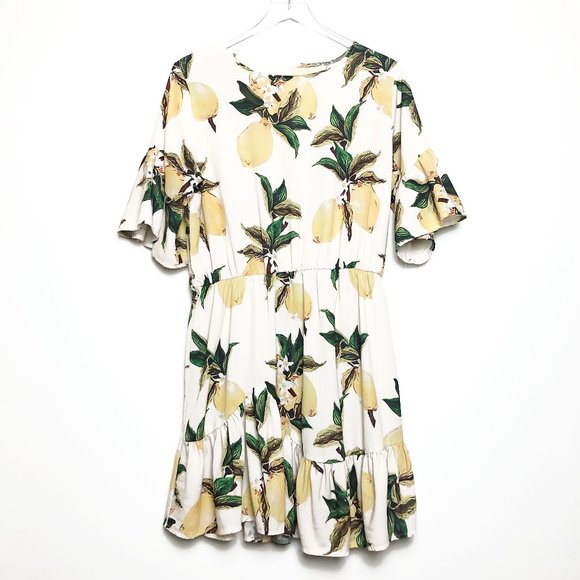 Yellow Lemon Printed Flounce Sleeve Ruffled Dress - Picture 1 of 9